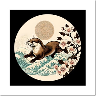 Aquatic Animal Vintage Sunset Art Floral Japanese Otter Posters and Art